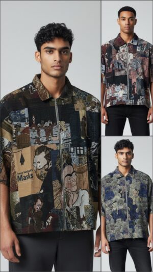 Mens Cropped Shirt - Artistic Patchwork Denim