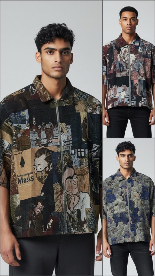 Mens Cropped Shirt - Artistic Patchwork Denim