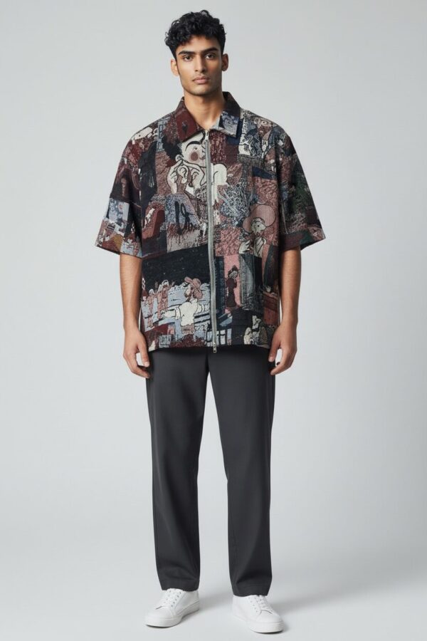 Mens Cropped Shirt - Artistic Patchwork Denim