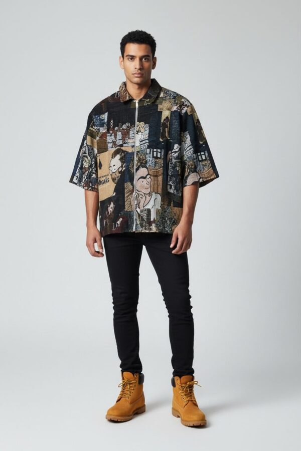 Mens Cropped Shirt - Artistic Patchwork Denim