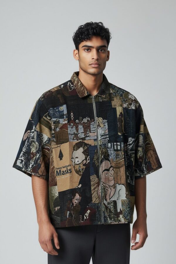 Mens Cropped Shirt - Artistic Patchwork Denim